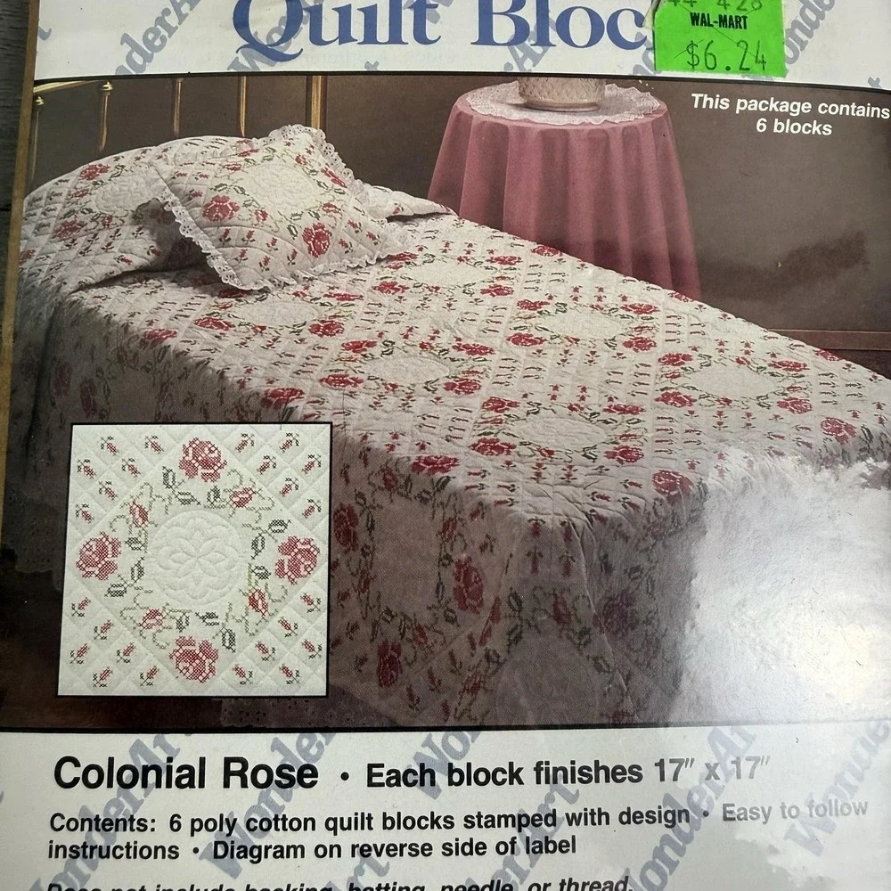 Vintage WonderArt Colonial Rose Quilt Blocks Cross Stitch 6 Precut White
